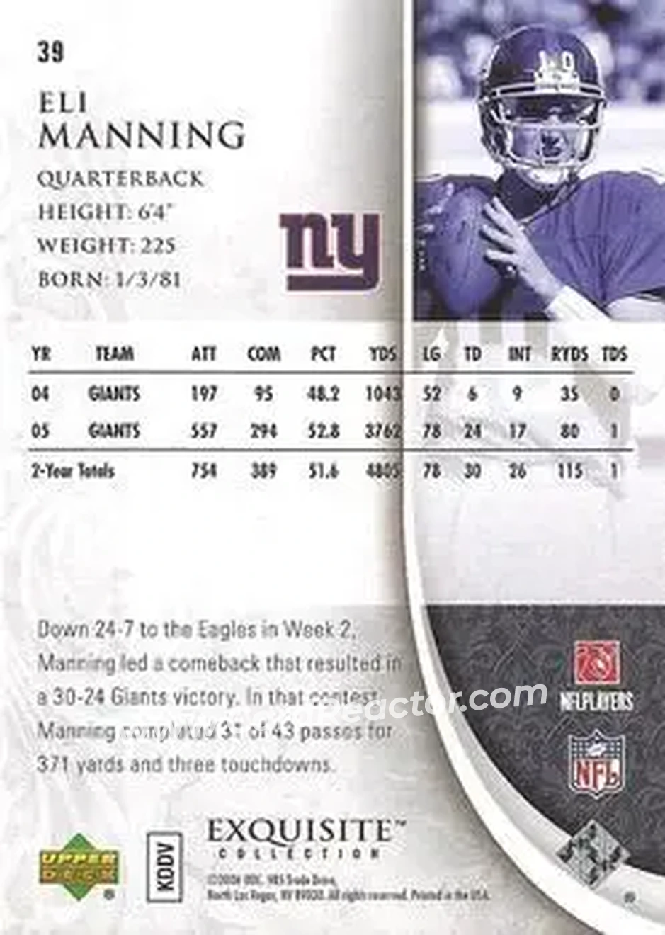 2006 Upper Deck Exquisite Collection #39 - Eli Manning - New York Giants - Back 2006 Upper Deck Exquisite Collection #39 - Eli Manning - New York Giants - Back