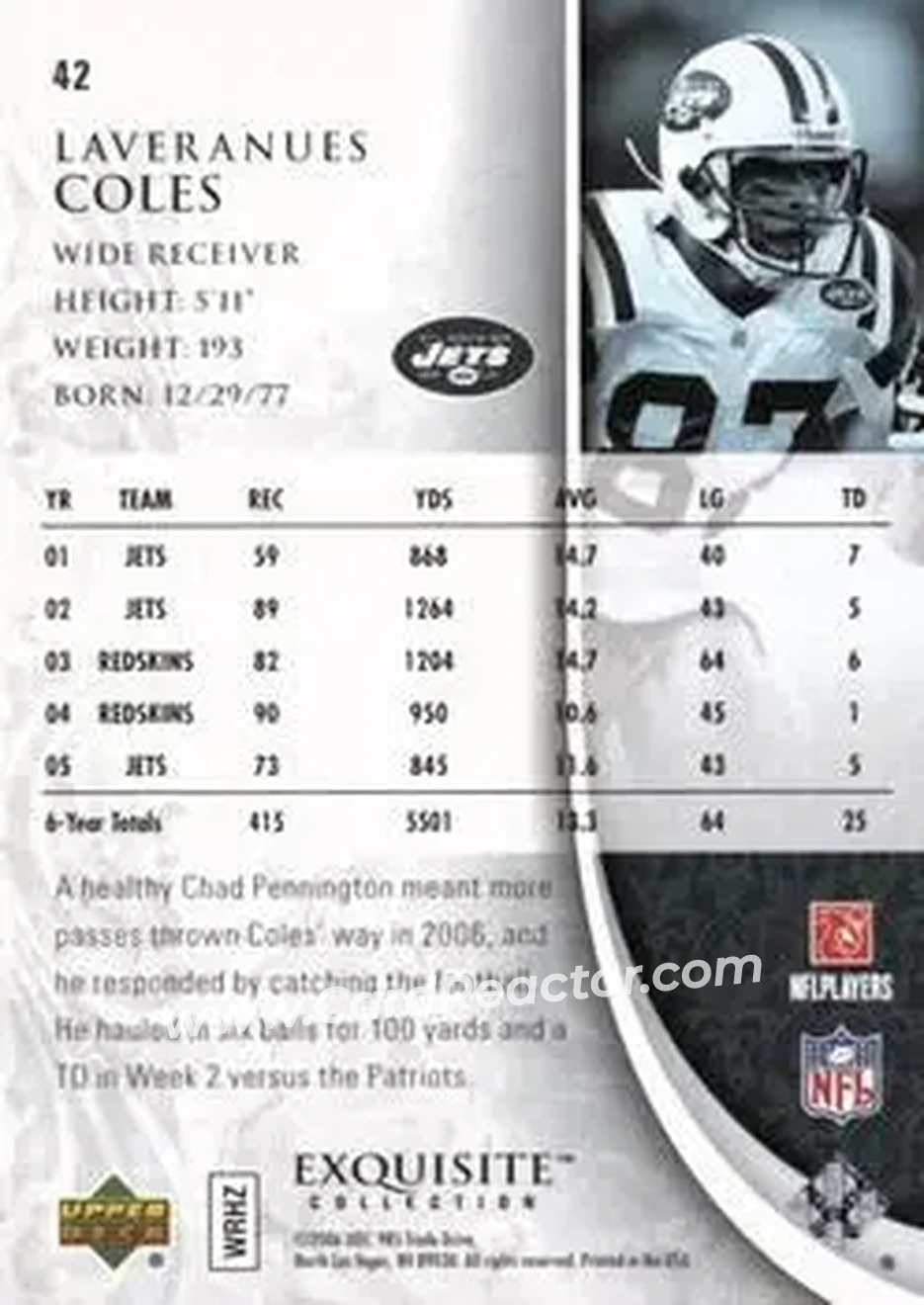 2006 Upper Deck Exquisite Collection #42 - Laveranues Coles - New York Jets - Back 2006 Upper Deck Exquisite Collection #42 - Laveranues Coles - New York Jets - Back
