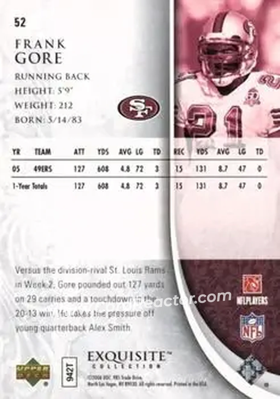 2006 Upper Deck Exquisite Collection #52 - Frank Gore - San Francisco 49ers - Back 2006 Upper Deck Exquisite Collection #52 - Frank Gore - San Francisco 49ers - Back