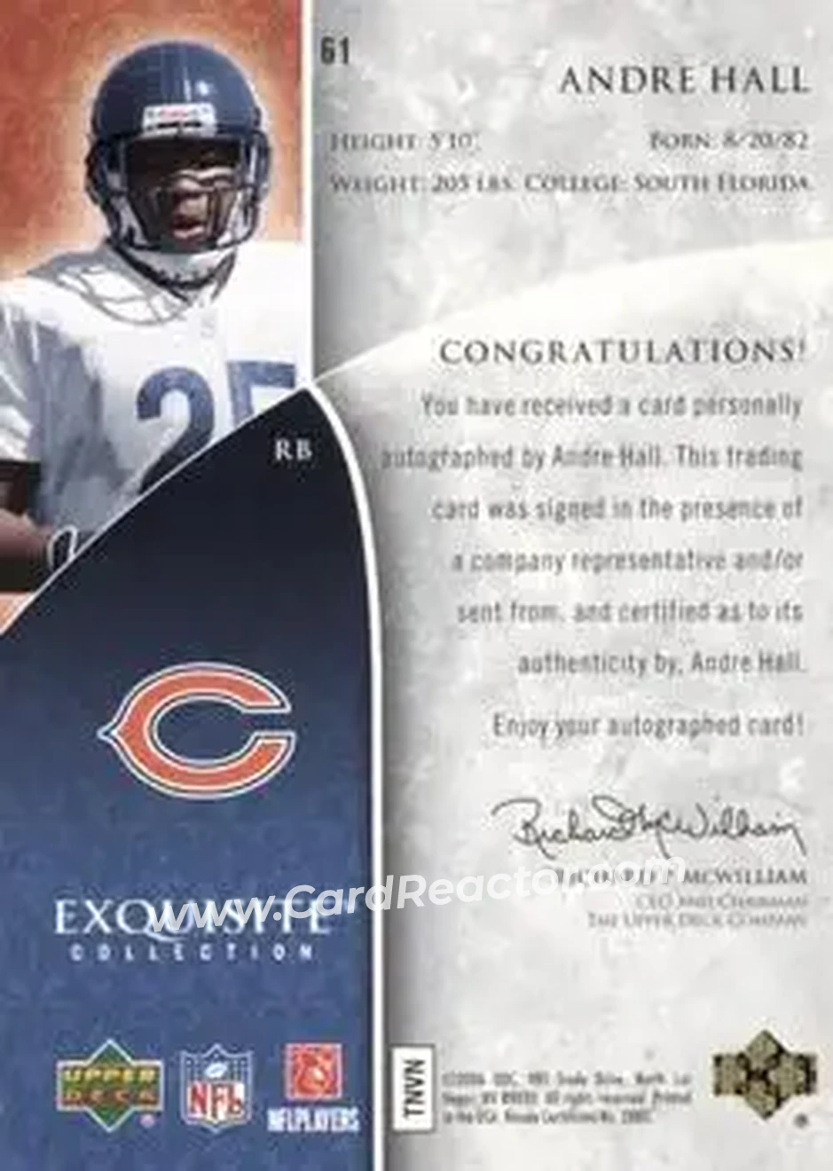 2006 Upper Deck Exquisite Collection #61 - Andre Hall - Chicago Bears - Back