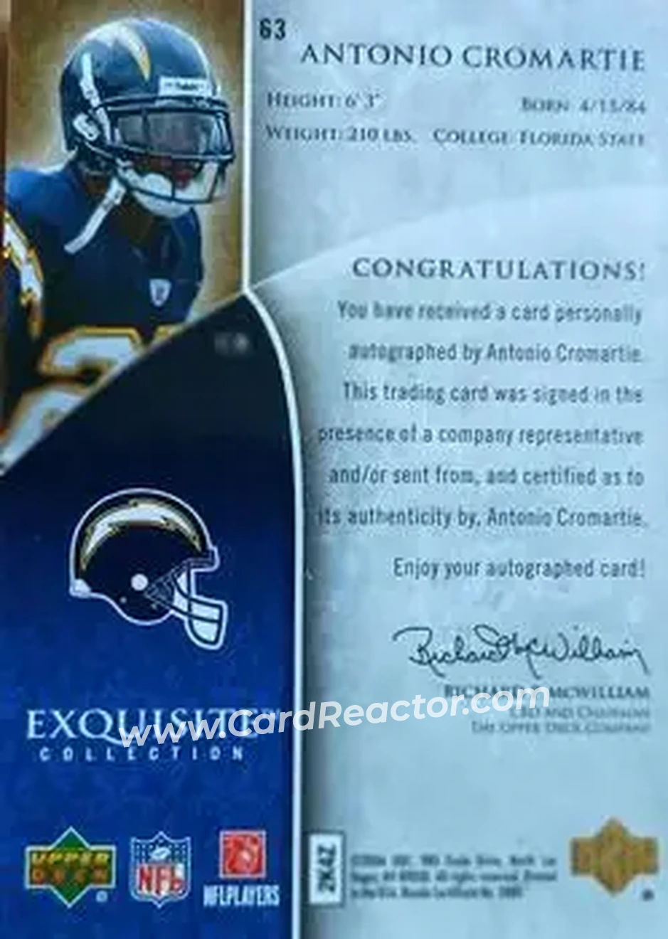 2006 Upper Deck Exquisite Collection #63 - Antonio Cromartie - San Diego Chargers - Back 2006 Upper Deck Exquisite Collection #63 - Antonio Cromartie - San Diego Chargers - Back
