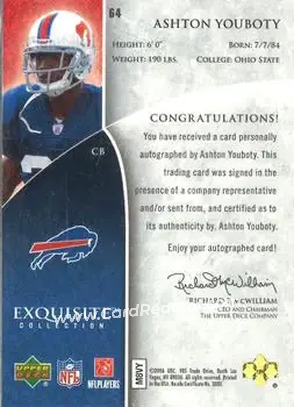 2006 Upper Deck Exquisite Collection #64 - Ashton Youboty - Buffalo Bills - Back 2006 Upper Deck Exquisite Collection #64 - Ashton Youboty - Buffalo Bills - Back