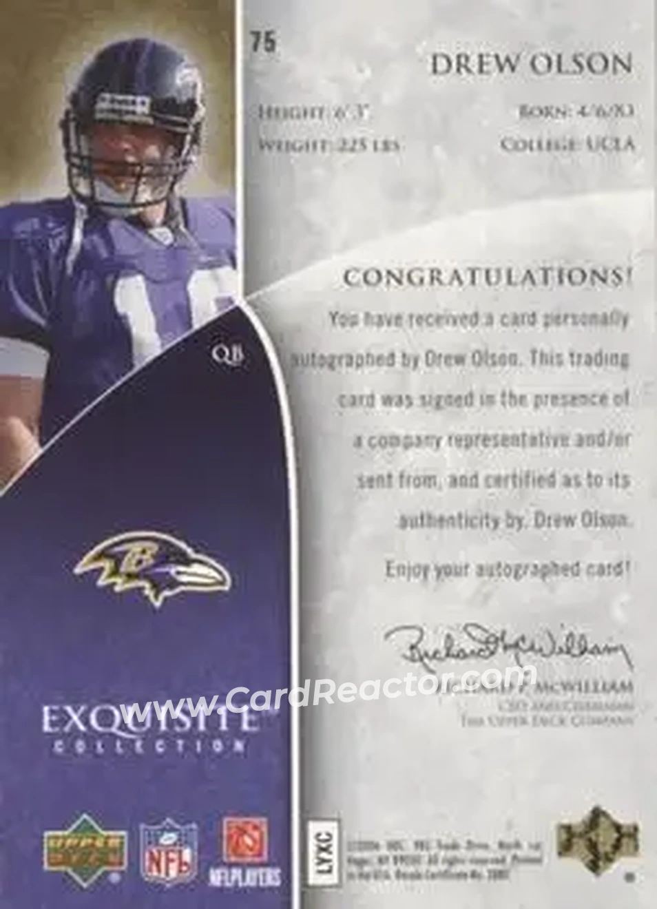 2006 Upper Deck Exquisite Collection #75 - Drew Olson - Baltimore Ravens - Back 2006 Upper Deck Exquisite Collection #75 - Drew Olson - Baltimore Ravens - Back