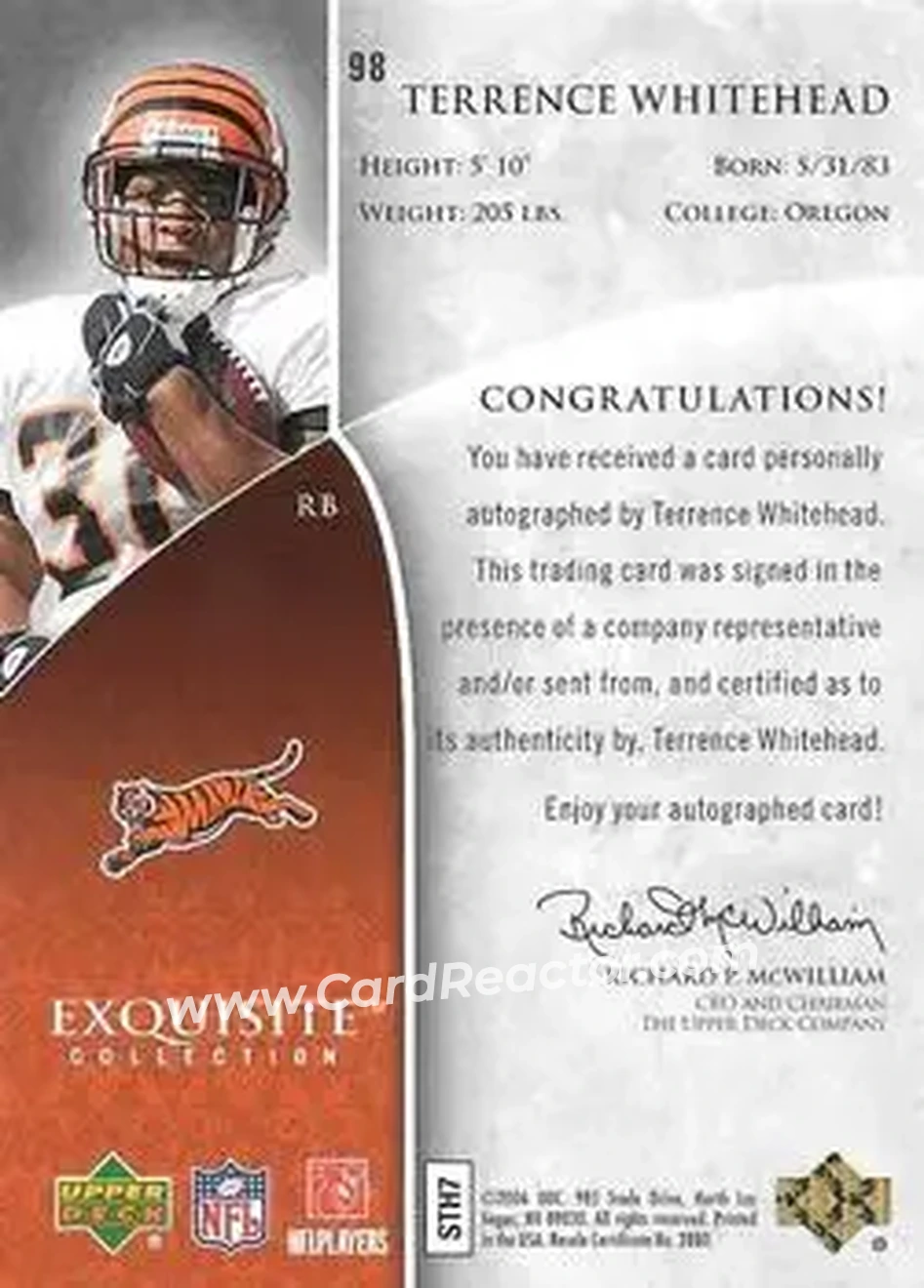 2006 Upper Deck Exquisite Collection #98 - Terrence Whitehead - Cincinnati Bengals - Back 2006 Upper Deck Exquisite Collection #98 - Terrence Whitehead - Cincinnati Bengals - Back