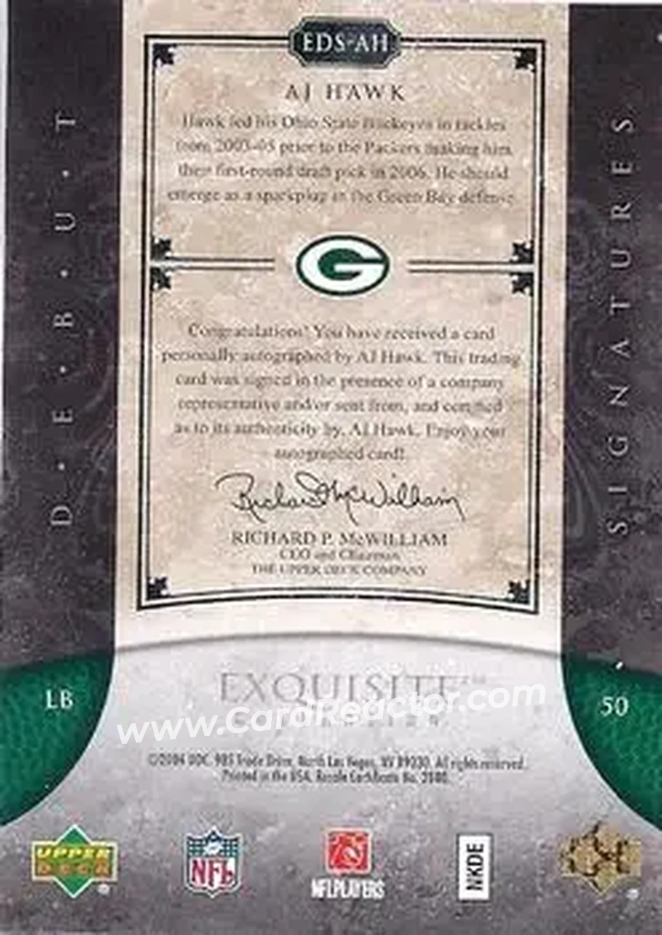 2006 Upper Deck Exquisite Collection - Debut Signatures #EDS-AH - A.J. Hawk - Green Bay Packers - Back