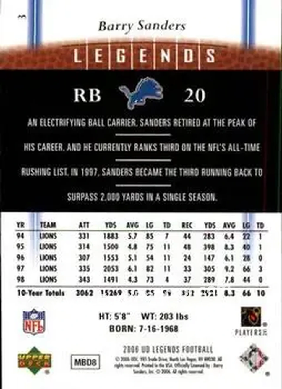 2006 Upper Deck Legends #3 - Barry Sanders - Detroit Lions - Back
