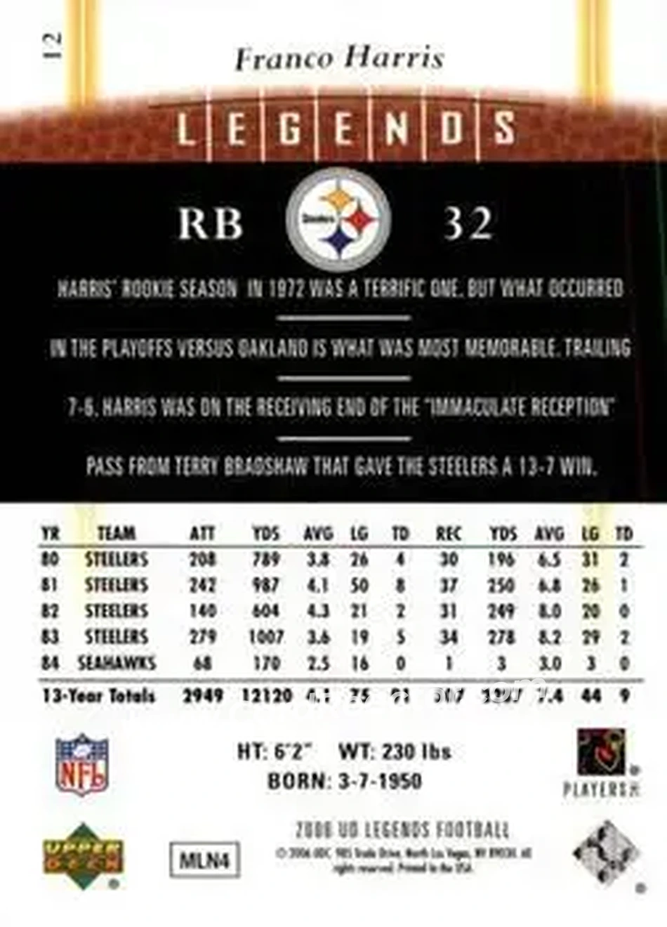 2006 Upper Deck Legends #12 - Franco Harris - Pittsburgh Steelers - Back 2006 Upper Deck Legends #12 - Franco Harris - Pittsburgh Steelers - Back