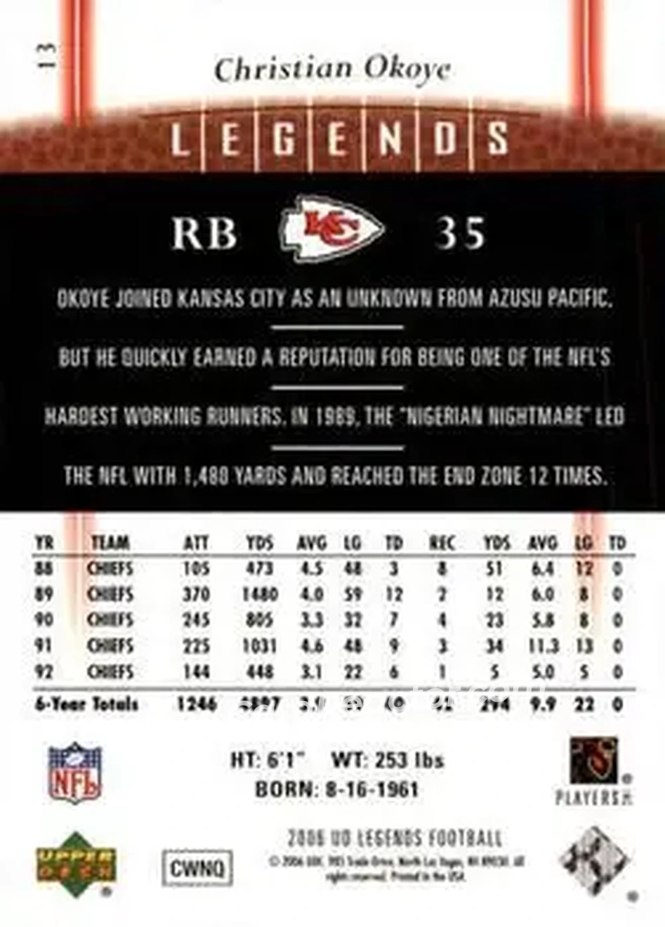 2006 Upper Deck Legends #13 - Christian Okoye - Kansas City Chiefs - Back