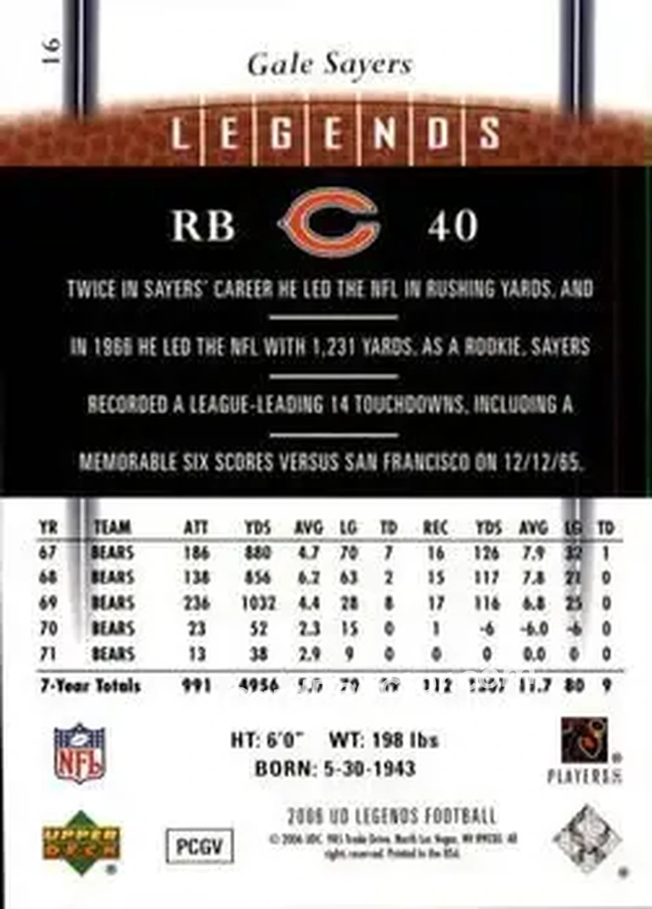 2006 Upper Deck Legends #16 - Gale Sayers - Chicago Bears - Back 2006 Upper Deck Legends #16 - Gale Sayers - Chicago Bears - Back