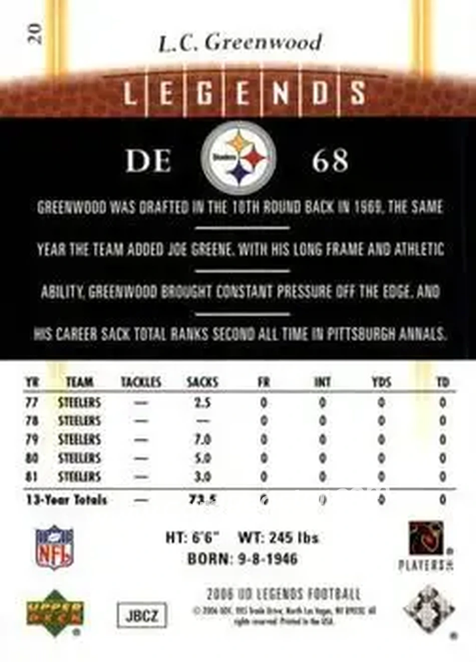 2006 Upper Deck Legends #20 - L.C. Greenwood - Pittsburgh Steelers - Back 2006 Upper Deck Legends #20 - L.C. Greenwood - Pittsburgh Steelers - Back