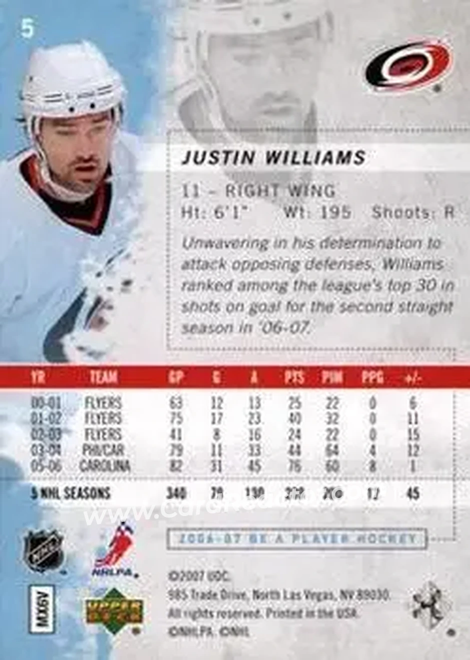 2006-07 Be A Player #5 - Justin Williams - Carolina Hurricanes - Back