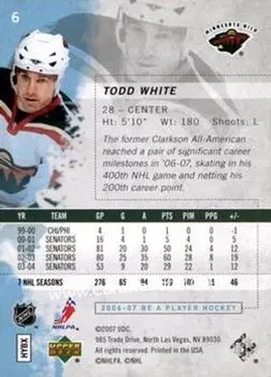 2006-07 Be A Player #6 - Todd White - Minnesota Wild - Back