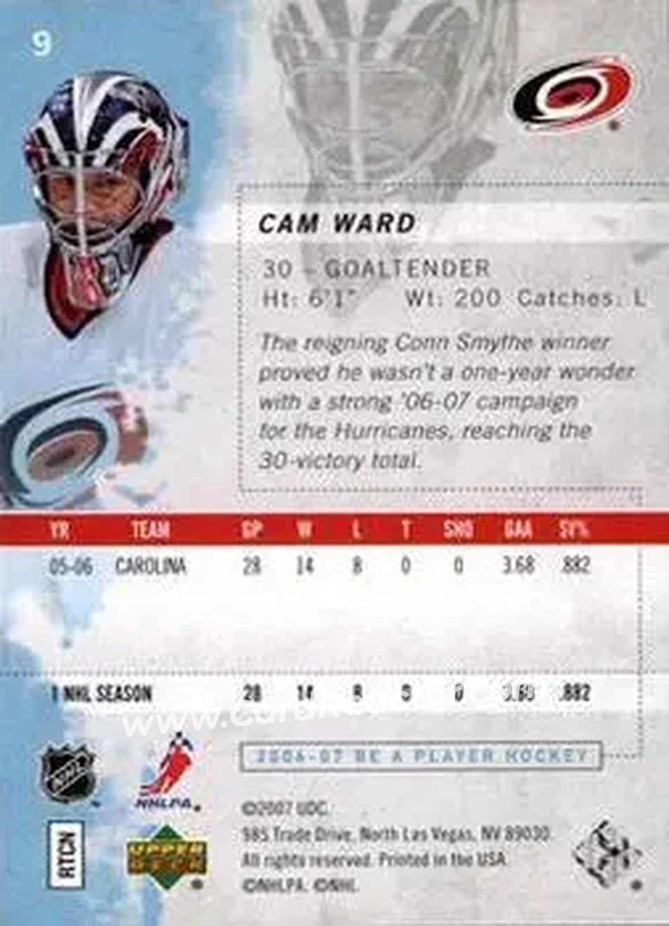 2006-07 Be A Player #9 - Cam Ward - Carolina Hurricanes - Back