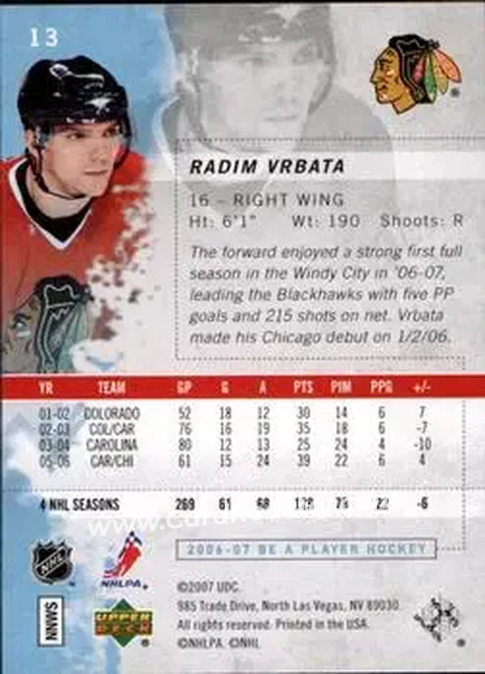 2006-07 Be A Player #13 - Radim Vrbata - Chicago Blackhawks - Back