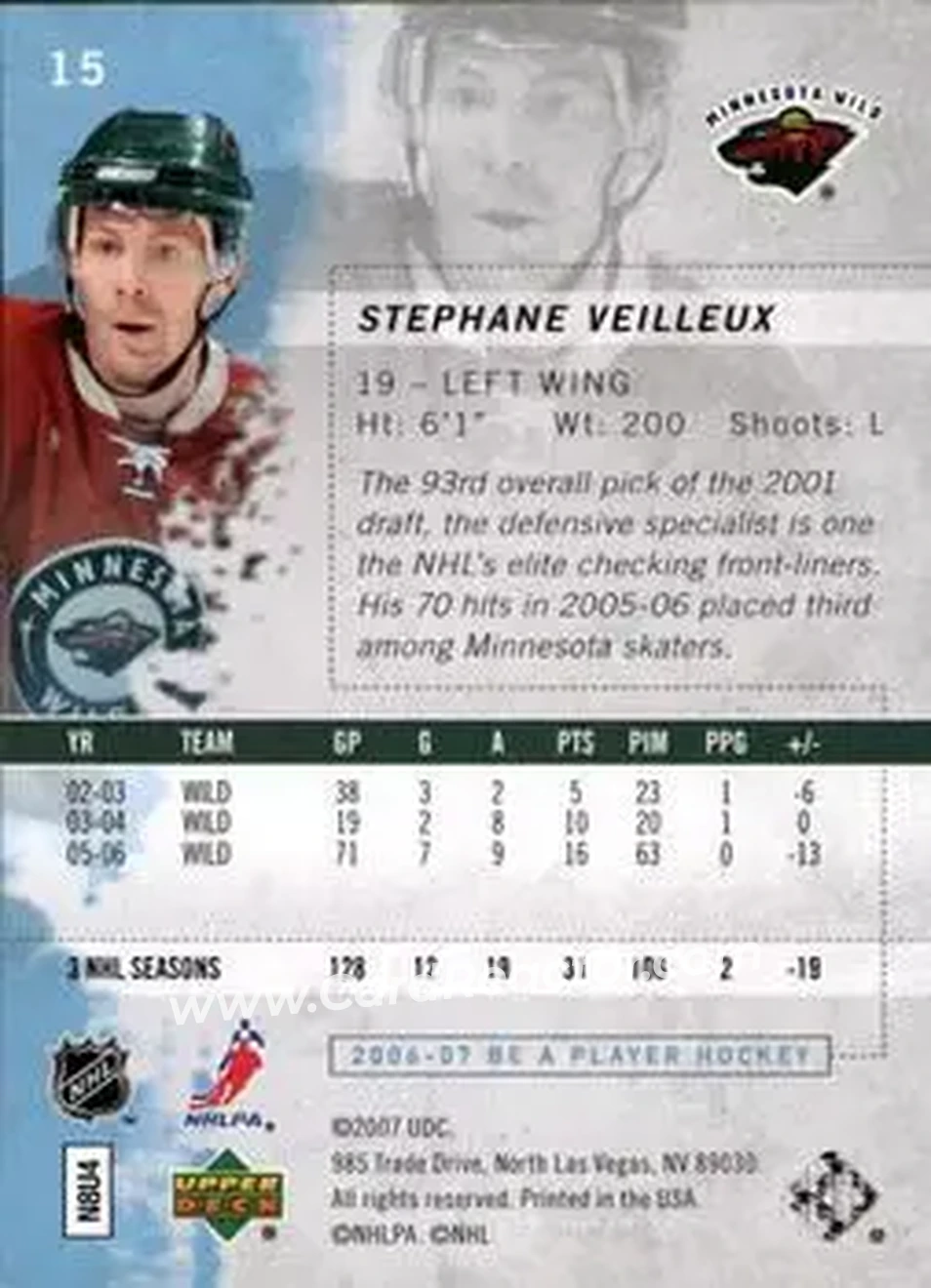 2006-07 Be A Player #15 - Stephane Veilleux - Minnesota Wild - Back