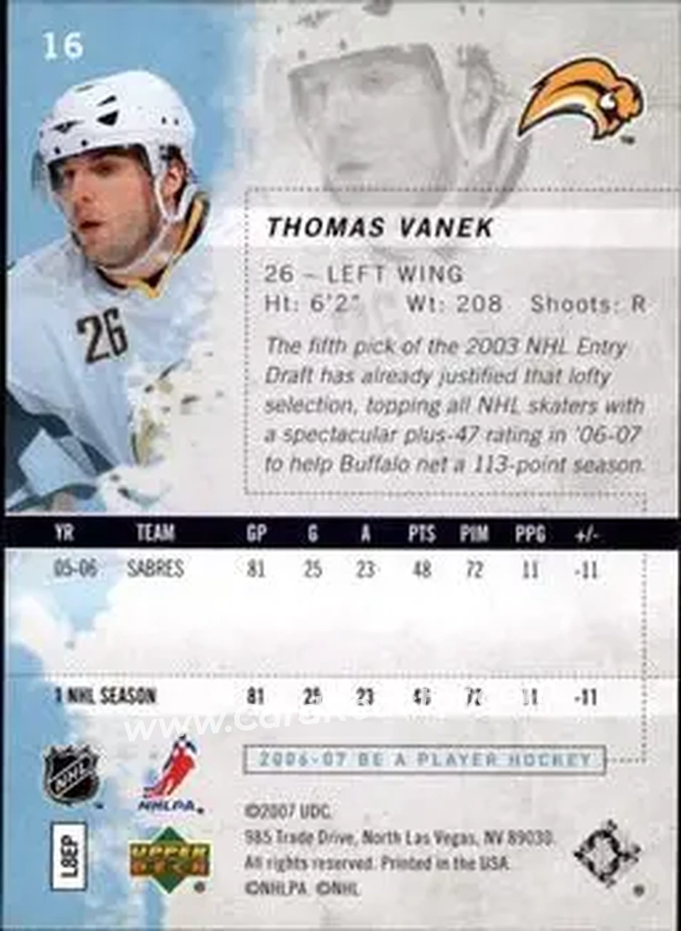 2006-07 Be A Player #16 - Thomas Vanek - Buffalo Sabres - Back