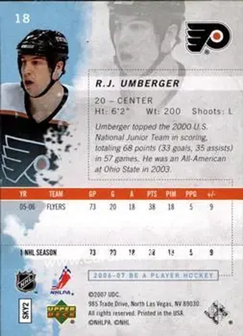 2006-07 Be A Player #18 - R.J. Umberger - Philadelphia Flyers - Back