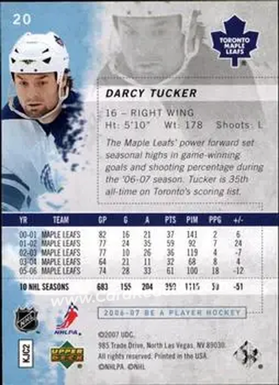 2006-07 Be A Player #20 - Darcy Tucker - Toronto Maple Leafs - Back
