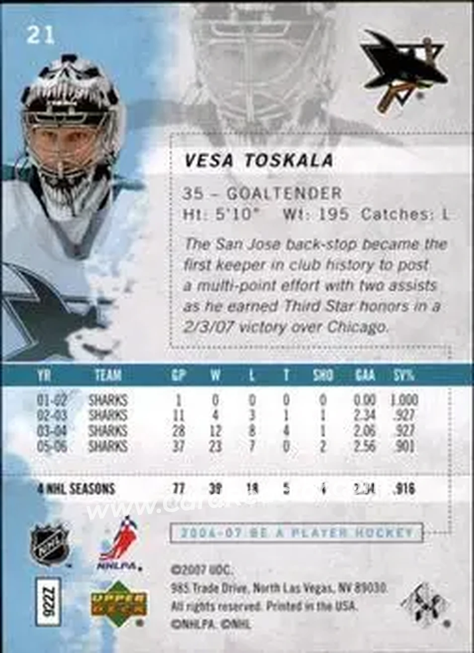 2006-07 Be A Player #21 - Vesa Toskala - San Jose Sharks - Back