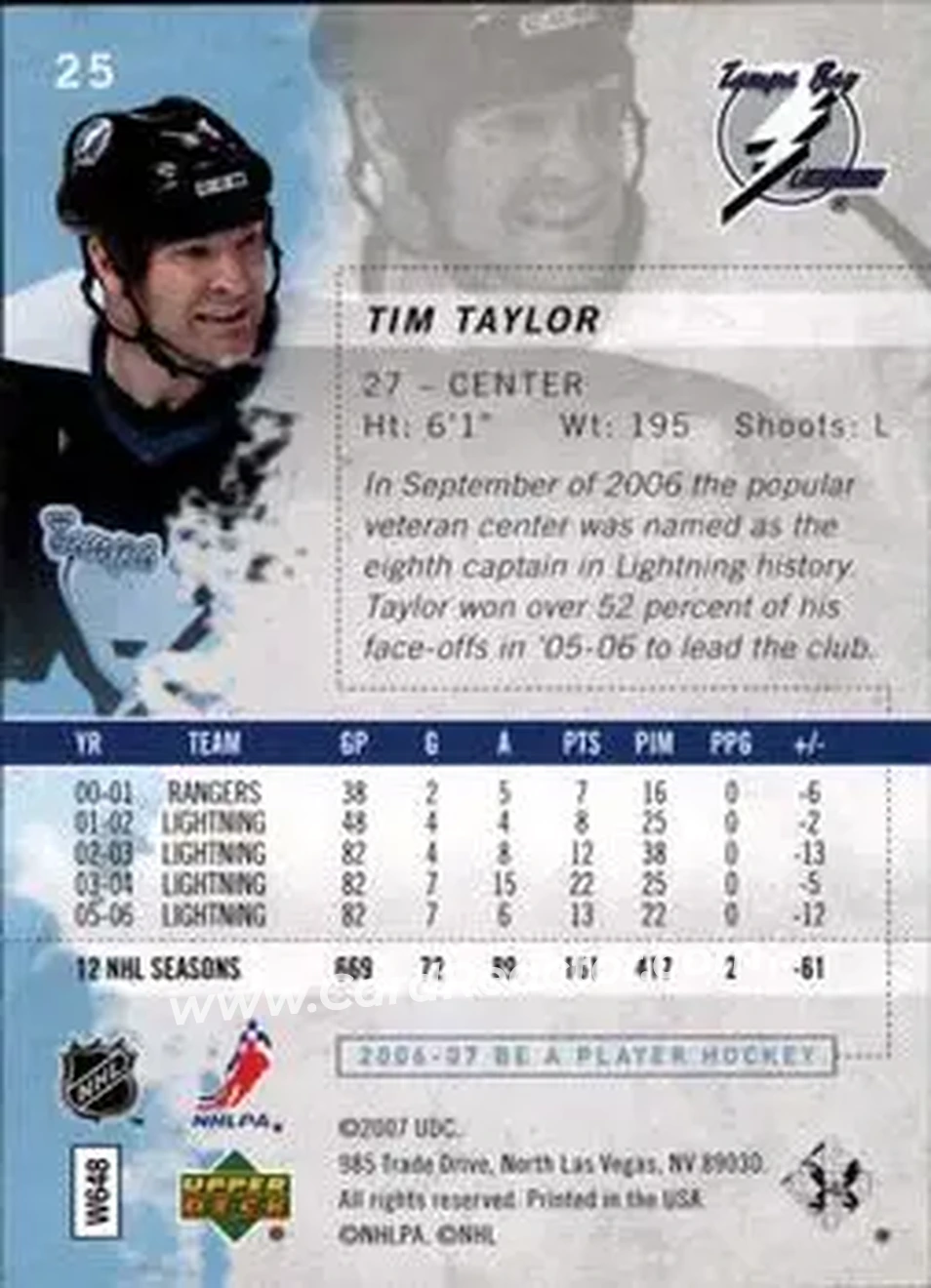 2006-07 Be A Player #25 - Tim Taylor - Tampa Bay Lightning - Back