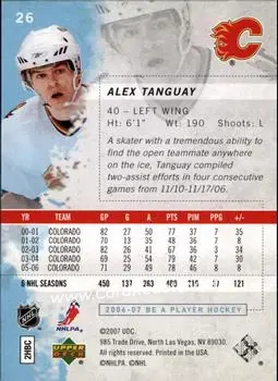 2006-07 Be A Player #26 - Alex Tanguay - Calgary Flames - Back