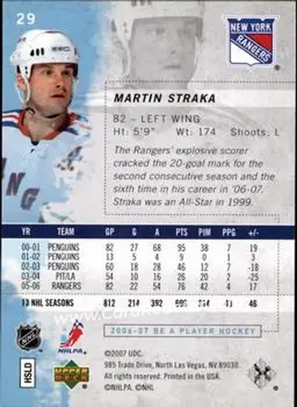 2006-07 Be A Player #29 - Martin Straka - New York Rangers - Back