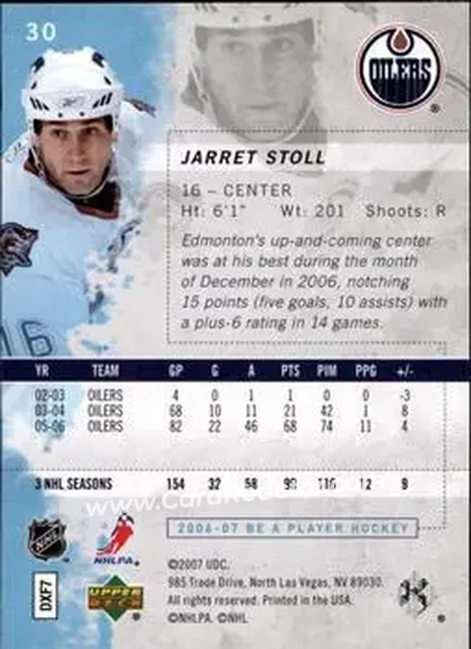 2006-07 Be A Player #30 - Jarret Stoll - Edmonton Oilers - Back