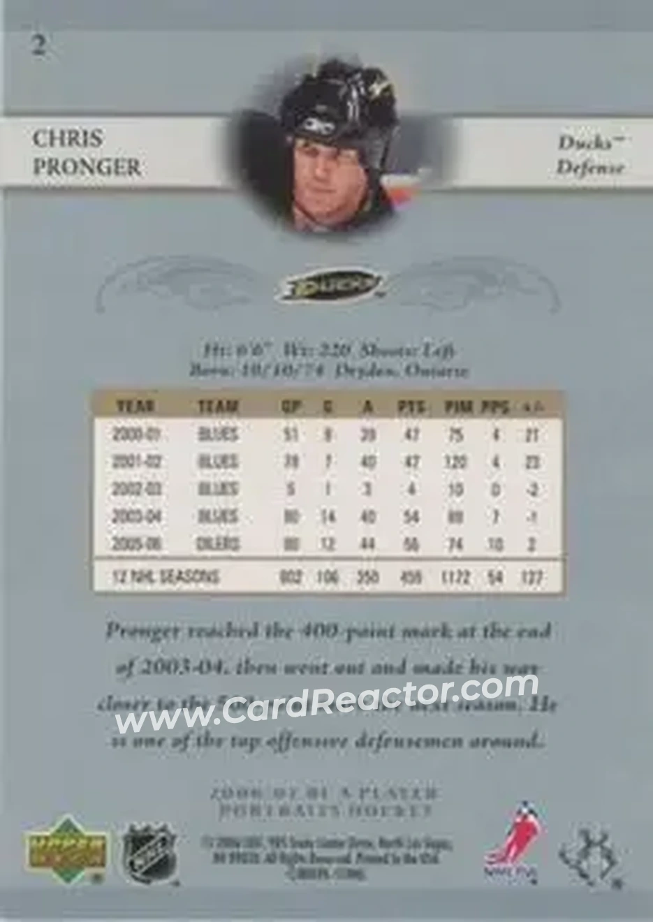 2006-07 Be A Player Portraits #2 - Chris Pronger - Anaheim Ducks - Back
