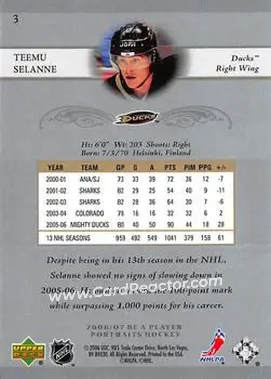 2006-07 Be A Player Portraits #3 - Teemu Selanne - Anaheim Ducks - Back 2006-07 Be A Player Portraits #3 - Teemu Selanne - Anaheim Ducks - Back