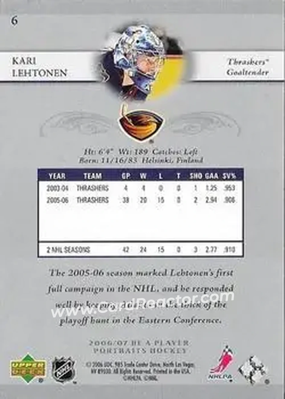 2006-07 Be A Player Portraits #6 - Kari Lehtonen - Atlanta Thrashers - Back 2006-07 Be A Player Portraits #6 - Kari Lehtonen - Atlanta Thrashers - Back