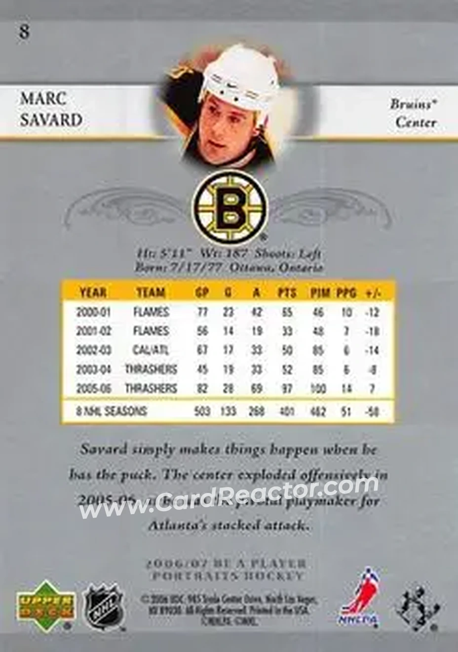 2006-07 Be A Player Portraits #8 - Marc Savard - Boston Bruins - Back
