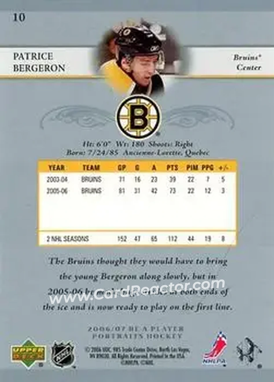 2006-07 Be A Player Portraits #10 - Patrice Bergeron - Boston Bruins - Back
