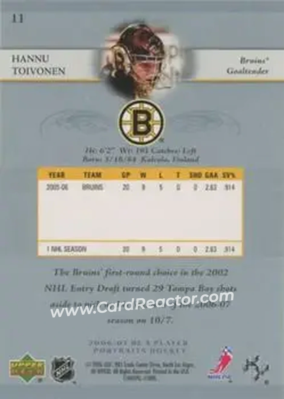 2006-07 Be A Player Portraits #11 - Hannu Toivonen - Boston Bruins - Back 2006-07 Be A Player Portraits #11 - Hannu Toivonen - Boston Bruins - Back