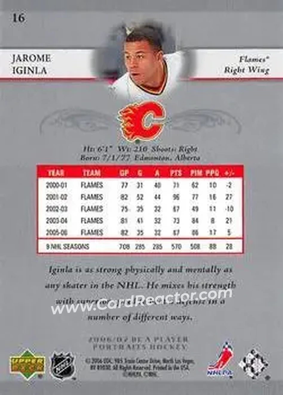 2006-07 Be A Player Portraits #16 - Jarome Iginla - Calgary Flames - Back