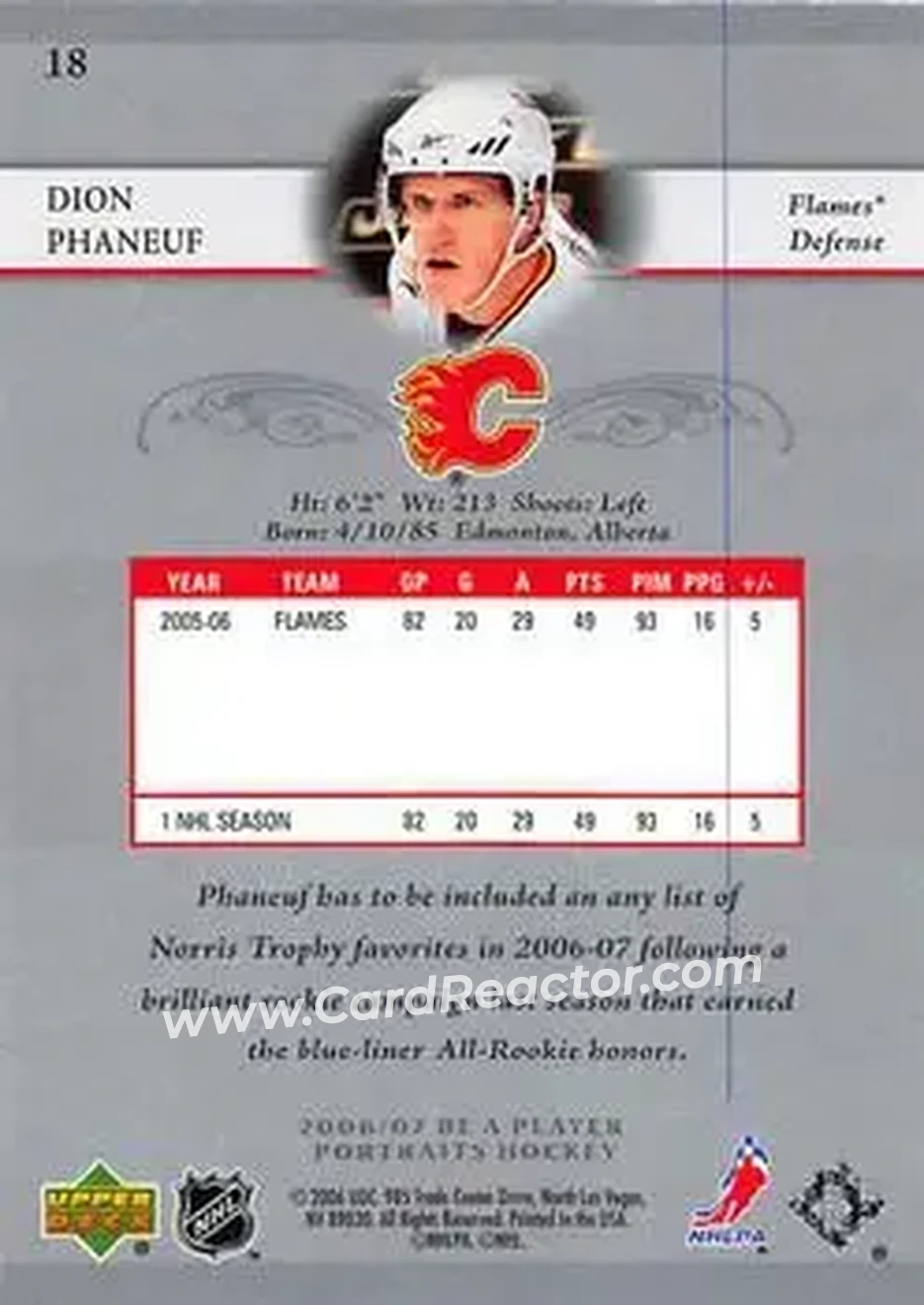 2006-07 Be A Player Portraits #18 - Dion Phaneuf - Calgary Flames - Back