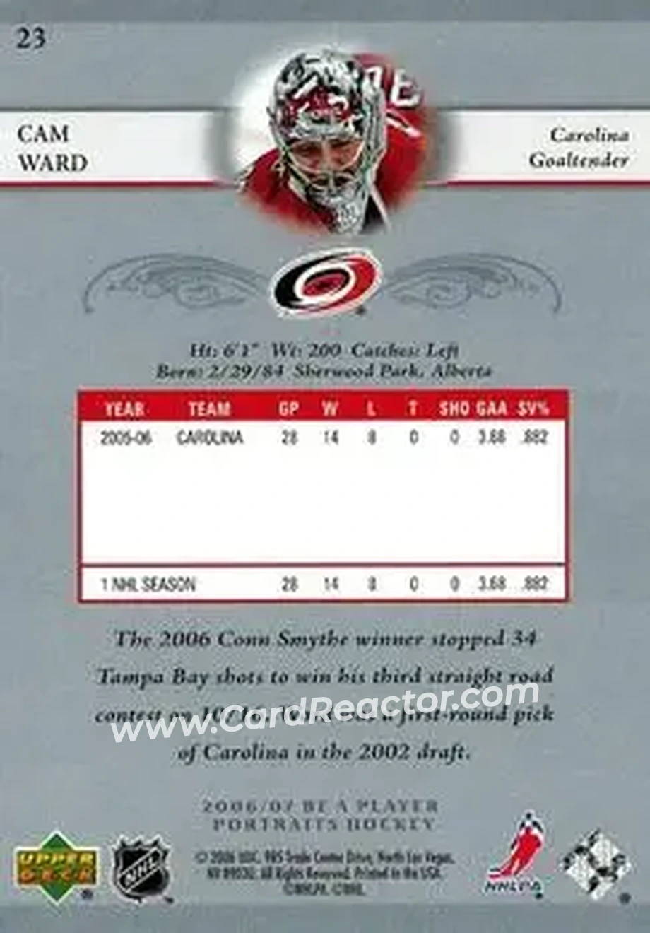 2006-07 Be A Player Portraits #23 - Cam Ward - Carolina Hurricanes - Back