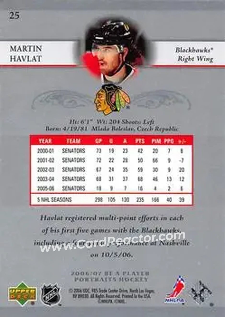 2006-07 Be A Player Portraits #25 - Martin Havlat - Chicago Blackhawks - Back 2006-07 Be A Player Portraits #25 - Martin Havlat - Chicago Blackhawks - Back