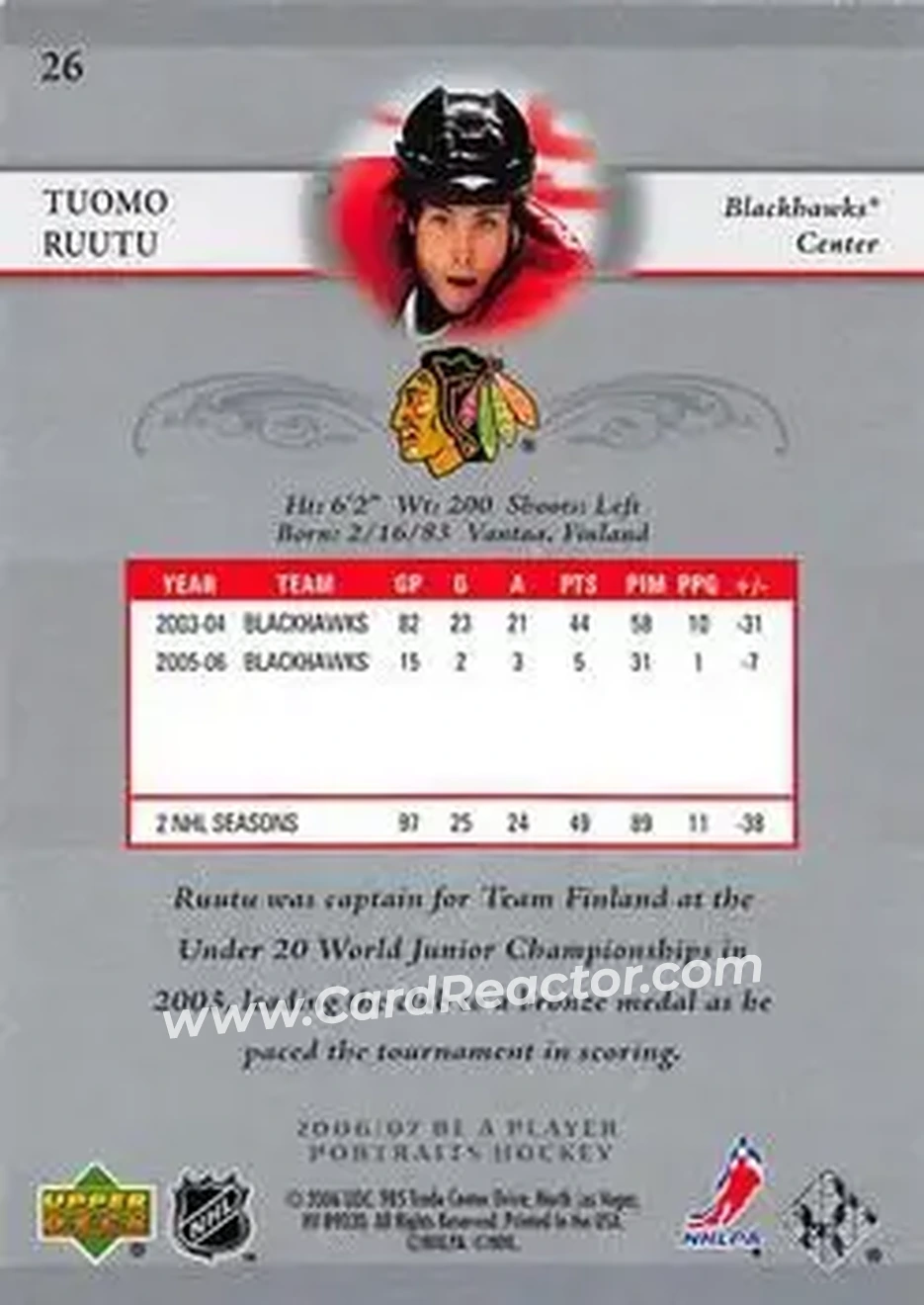 2006-07 Be A Player Portraits #26 - Tuomo Ruutu - Chicago Blackhawks - Back