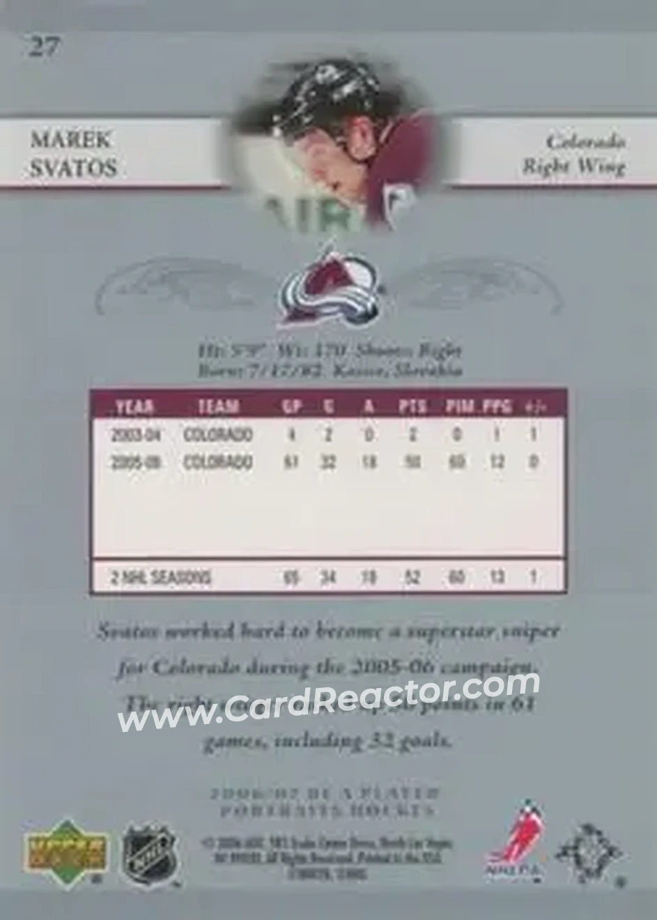 2006-07 Be A Player Portraits #27 - Marek Svatos - Colorado Avalanche - Back 2006-07 Be A Player Portraits #27 - Marek Svatos - Colorado Avalanche - Back