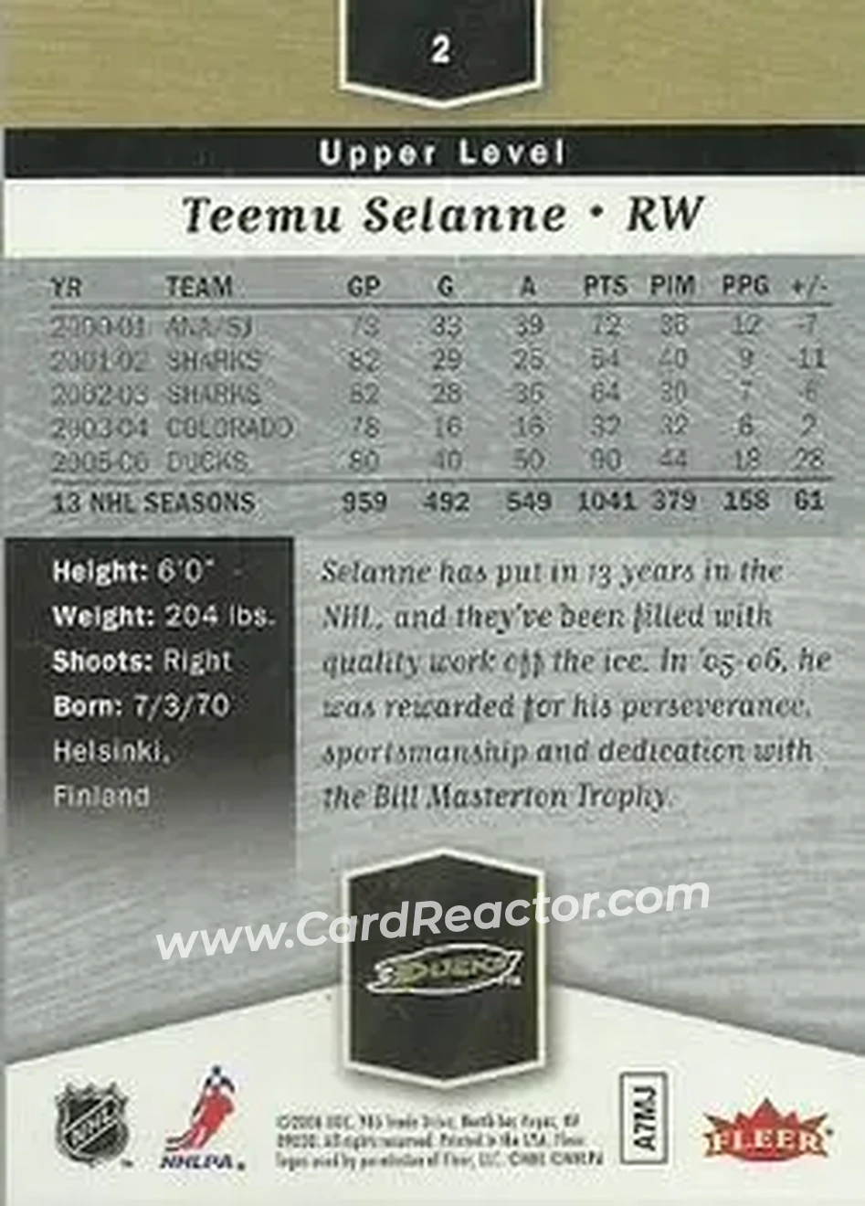 2006-07 Flair Showcase #2 - Teemu Selanne - Anaheim Ducks - Back