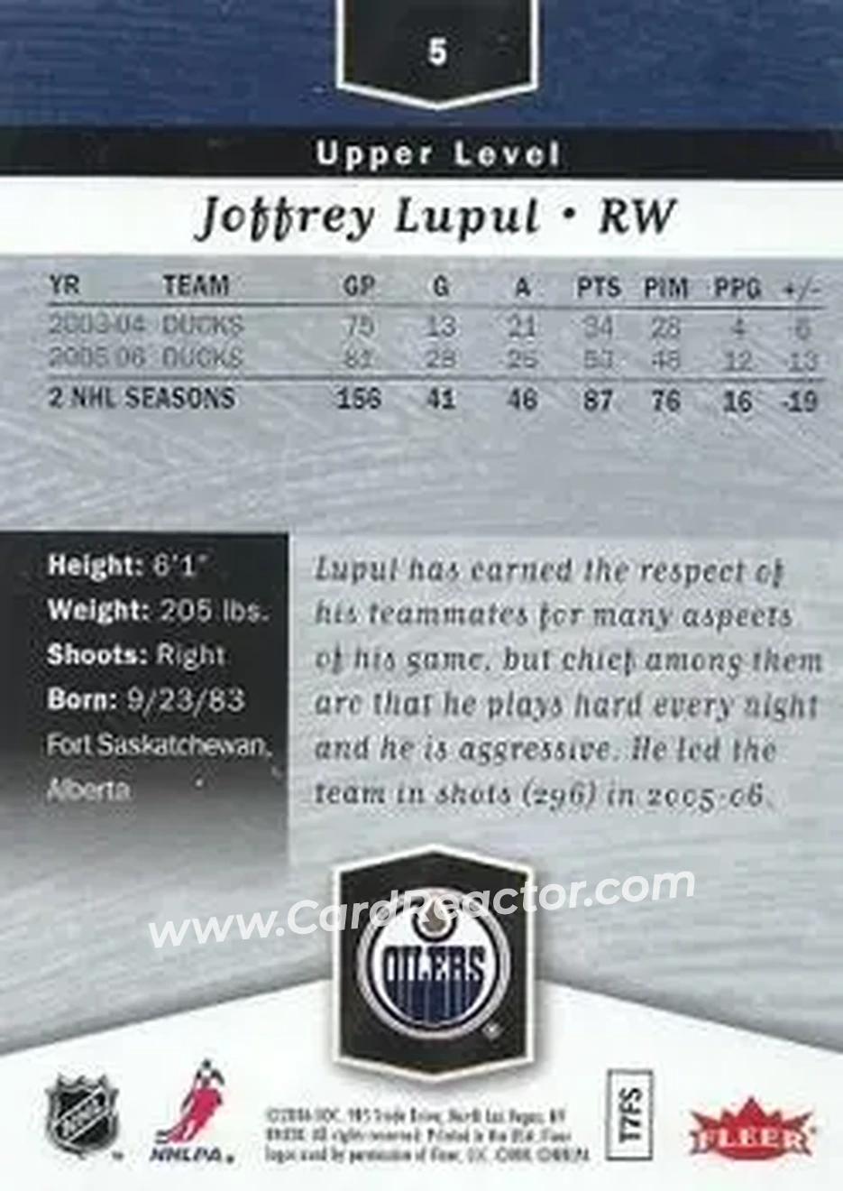 2006-07 Flair Showcase #5 - Joffrey Lupul - Edmonton Oilers - Back