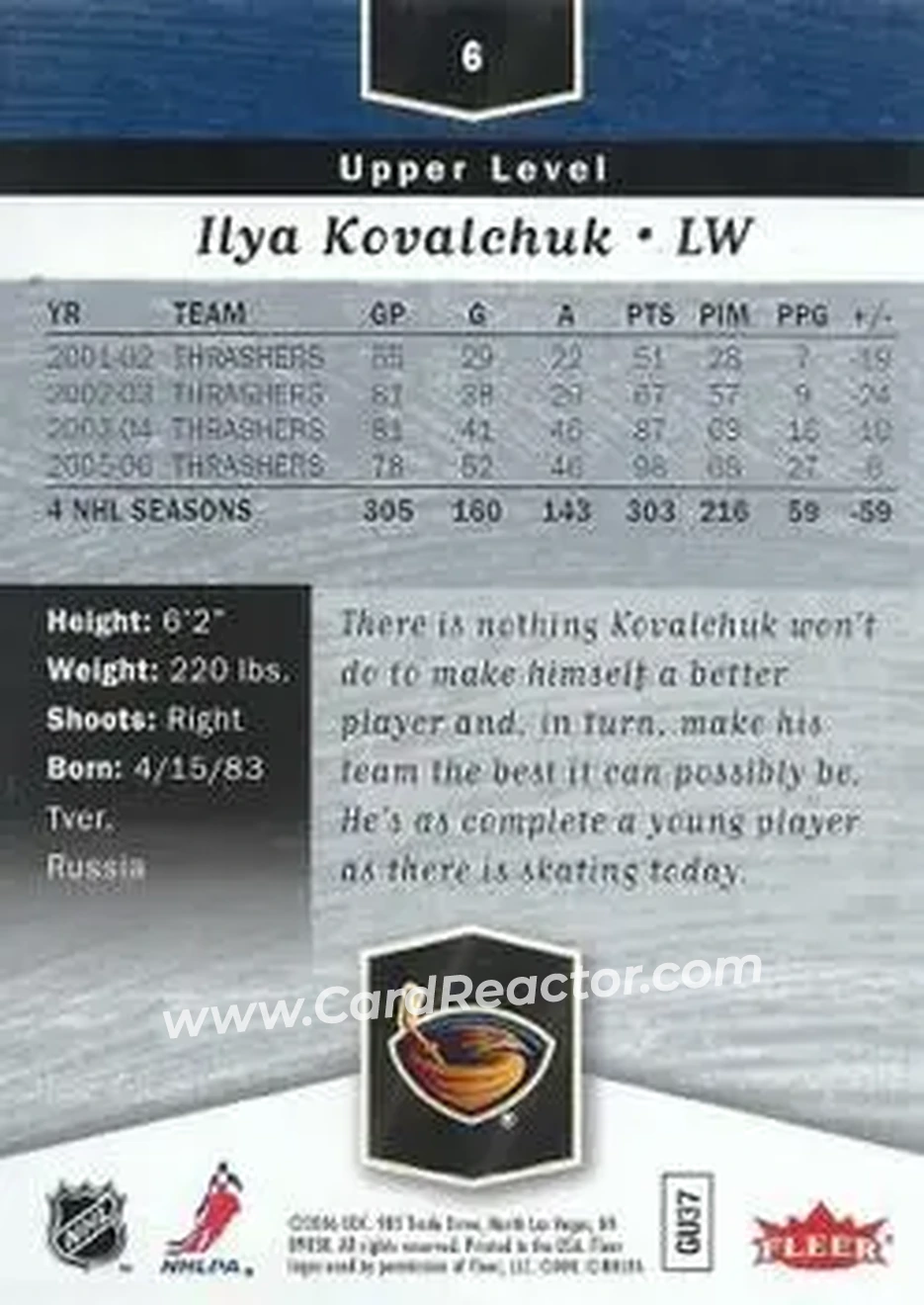 2006-07 Flair Showcase #6 - Ilya Kovalchuk - Atlanta Thrashers - Back
