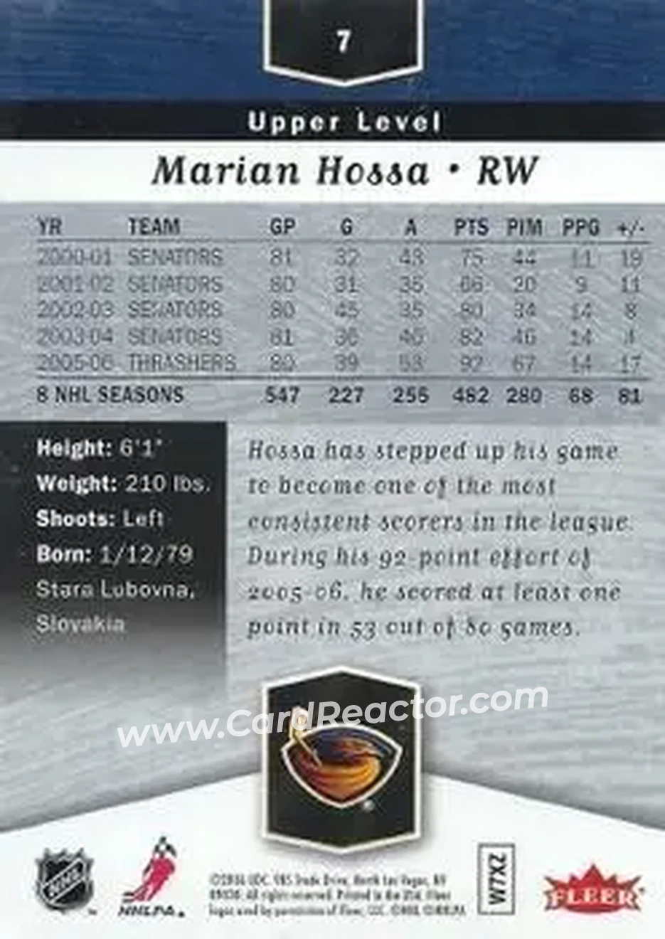 2006-07 Flair Showcase #7 - Marian Hossa - Atlanta Thrashers - Back