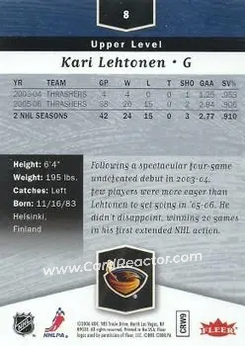 2006-07 Flair Showcase #8 - Kari Lehtonen - Atlanta Thrashers - Back
