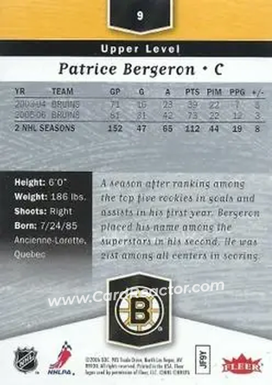 2006-07 Flair Showcase #9 - Patrice Bergeron - Boston Bruins - Back