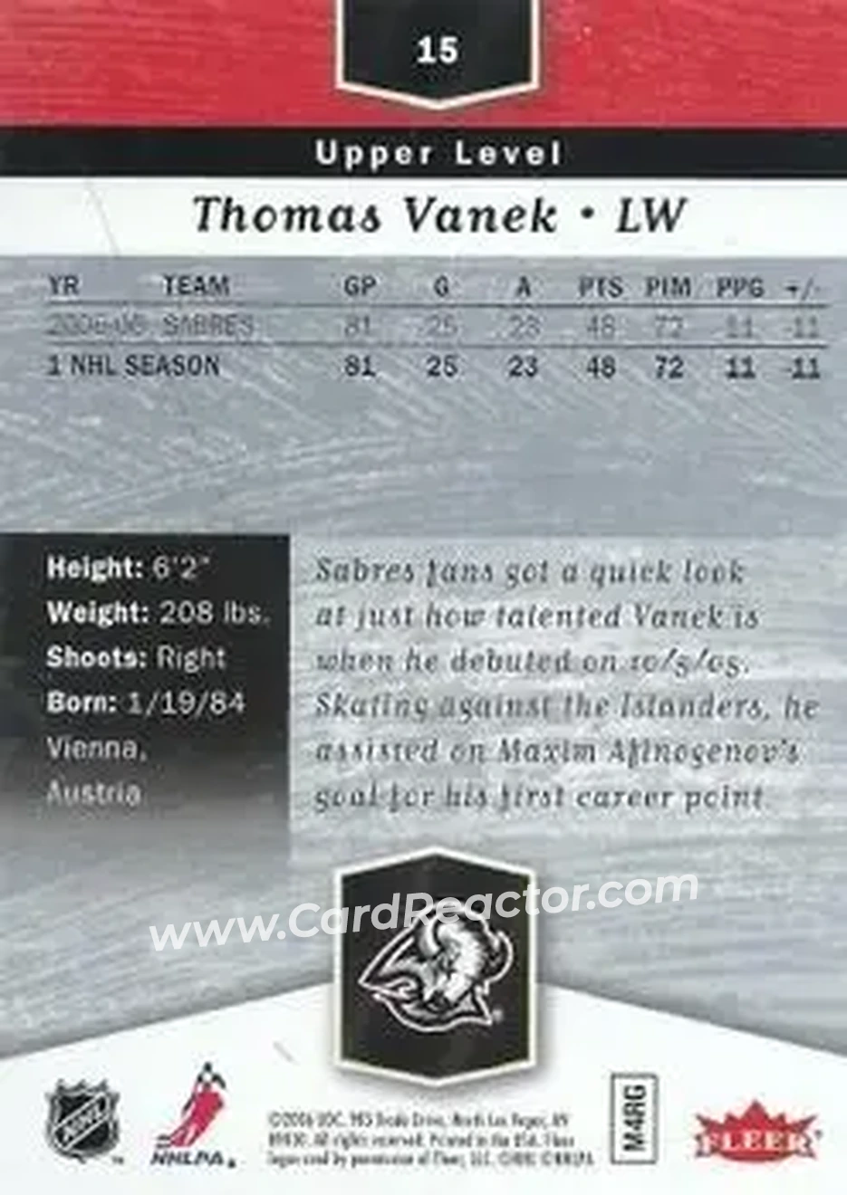 2006-07 Flair Showcase #15 - Thomas Vanek - Buffalo Sabres - Back
