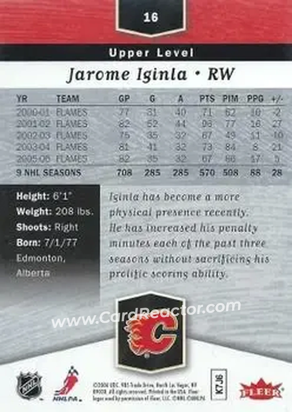 2006-07 Flair Showcase #16 - Jarome Iginla - Calgary Flames - Back