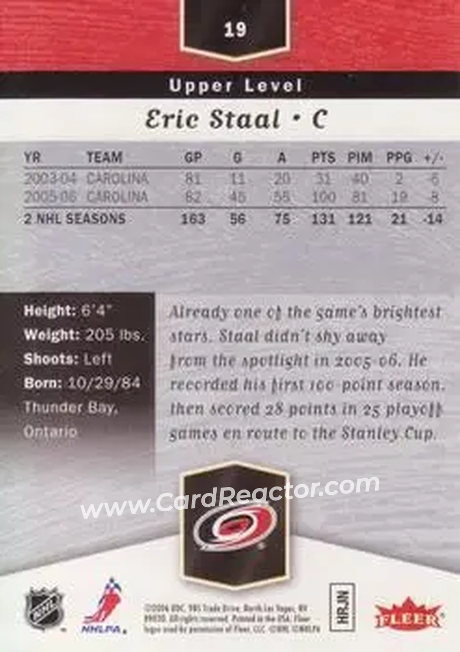 2006-07 Flair Showcase #19 - Eric Staal - Carolina Hurricanes - Back