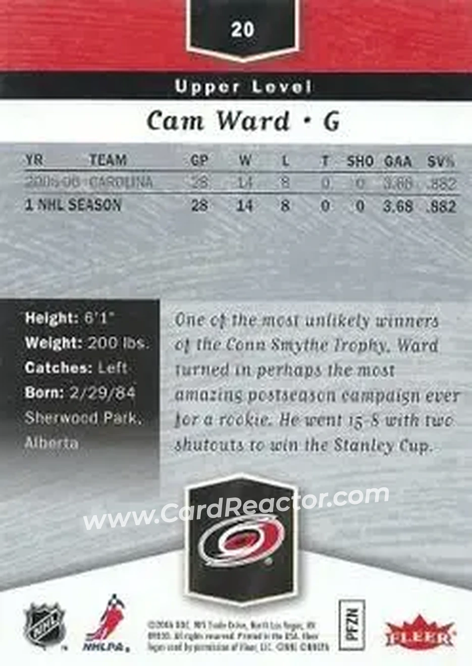 2006-07 Flair Showcase #20 - Cam Ward - Carolina Hurricanes - Back