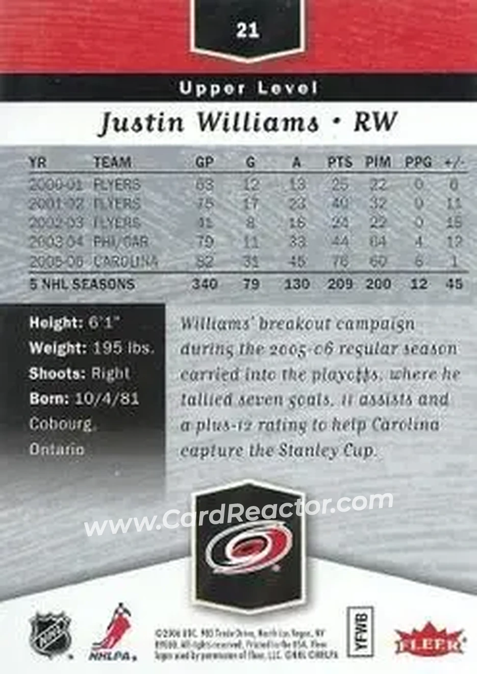 2006-07 Flair Showcase #21 - Justin Williams - Carolina Hurricanes - Back
